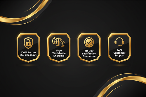 Create a premium ultra-high-end trust badge bar in black and gold with glossy metallic effects, clean icons, soft shadows, and perfect alignment. Include 4 badges: 100% Secure SSL Checkout, Free Worldwide Shipping, 30-Day Satisfaction Guarantee, 24/7 Customer Support. Make it look like a luxury brand.
